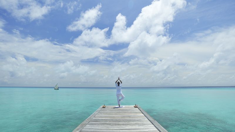 Yoga, beach, sea, blue, sky (horizontal)