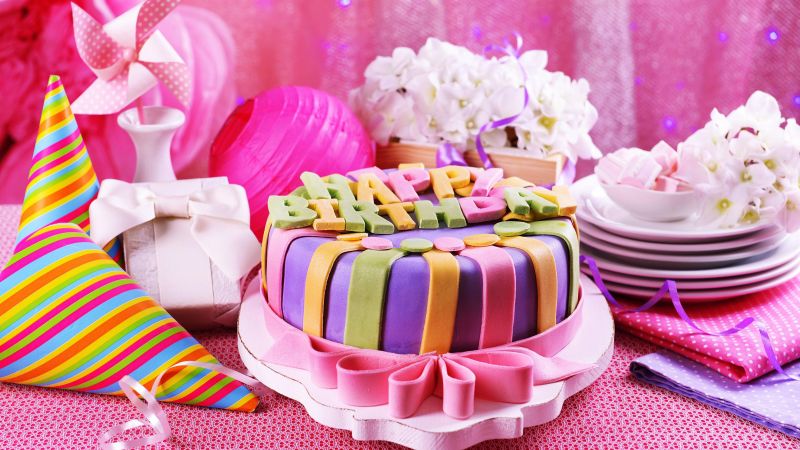 birthday cake, receipt, pink, 4k (horizontal)