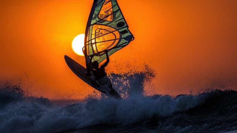 windsurfing, sunset, sky, sea, waves (horizontal)