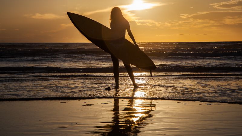 Surfing, girl, sea, wave (horizontal)