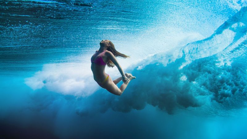 Surfing, girl, sea, underwater (horizontal)