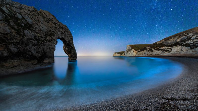 Durdle Door, 5k, 4k wallpaper, beach, night, stars, sea, England (horizontal)