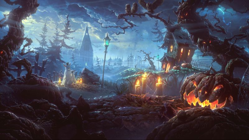 Holiday, Halloween, 31 October, pumpkin host, forest, castle (horizontal)