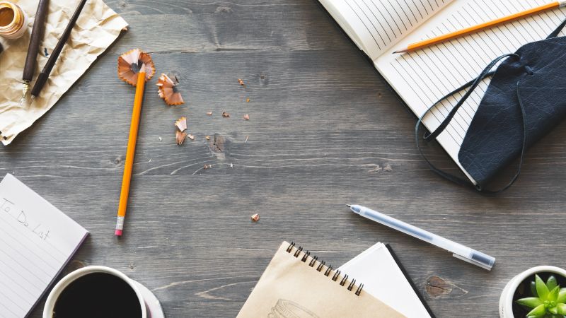 writing tools, table, pencil, notebook, 4k (horizontal)