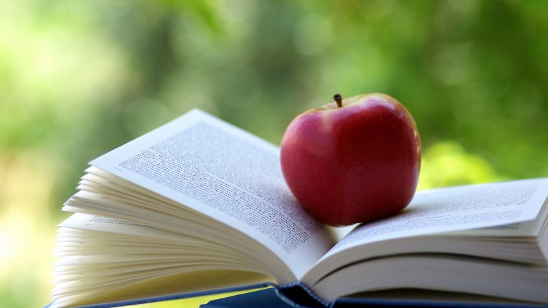 apple, book, 4k (horizontal)
