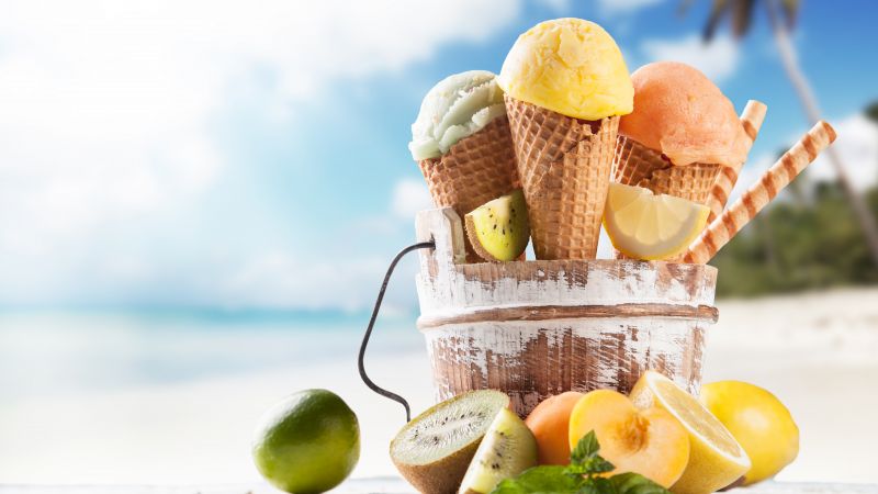 ice cream, beach, lemon, apricot, lime, delicious, 8k (horizontal)