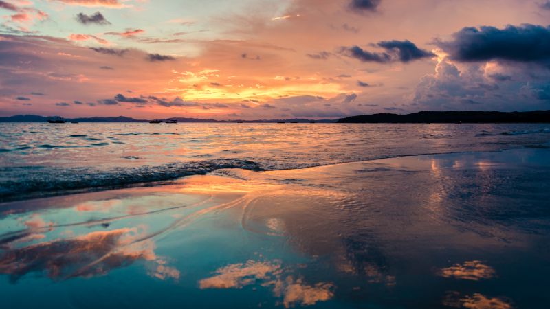 sunset, ocean, beach, sky, clouds, 4k (horizontal)