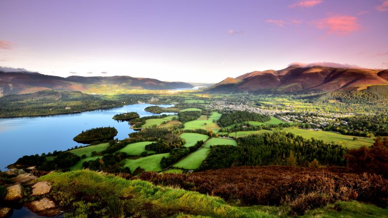 Keswick, mountains, lake, field, trees, 8k (horizontal)