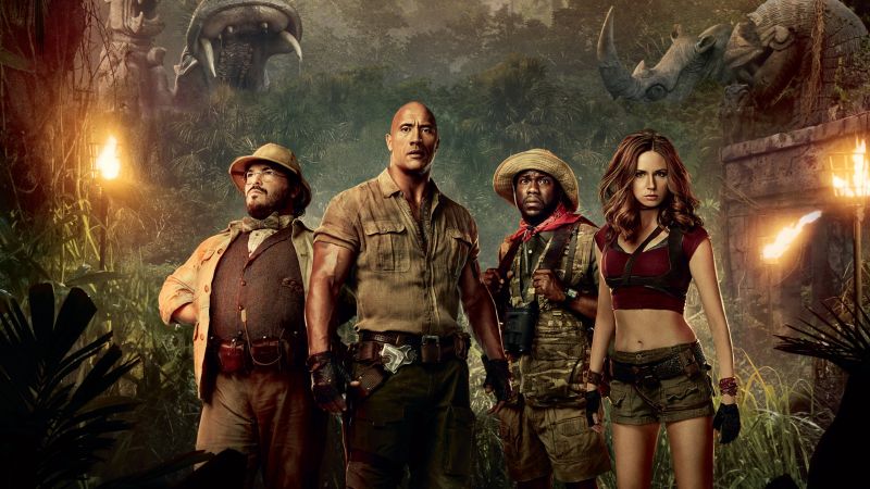 Jumanji: Welcome to the Jungle, Jack Black, Kevin Hart, Dwayne Johnson, Karen Gillan, 4k (horizontal)