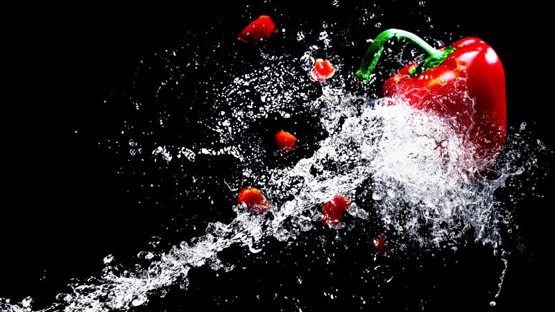 paprika, water, splash, vegetables, 4k (horizontal)