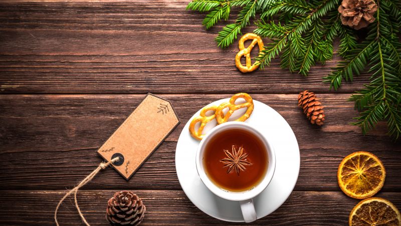 Christmas, New Year, table, fir-tree, tea, 5k (horizontal)