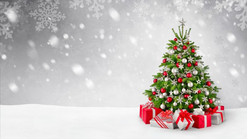 Christmas, New Year, gifts, fir-tree, snow, 5k (horizontal)