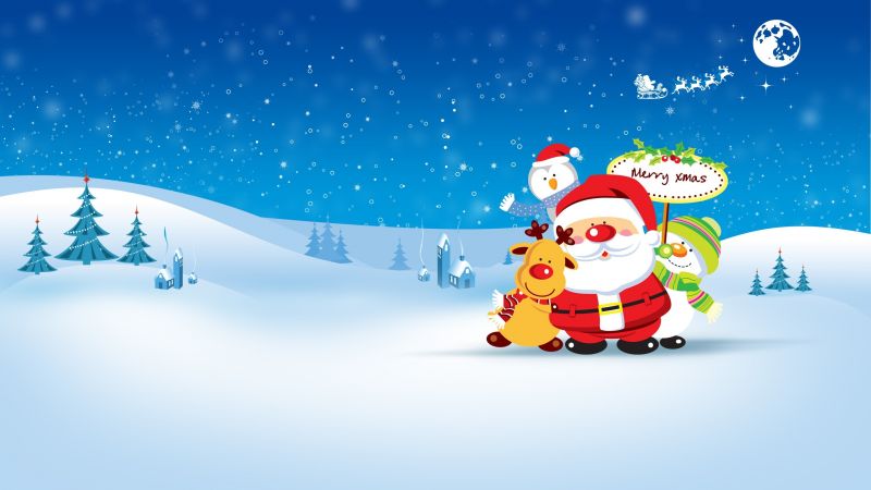 Christmas, New Year, Santa, deer, snowman, penguin, winter, HD (horizontal)