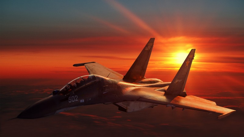 Su-30, Sukhoi, Flanker-C, fighter, aircraft, Russian Air Force, Russia, sunset (horizontal)