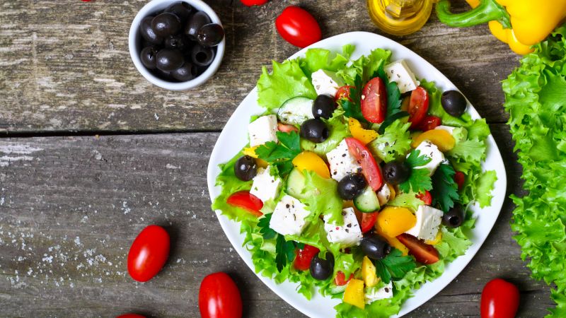 Greek, cooking, recipe, lettuce, tomatoes, paprika, olives, feta, 4k (horizontal)