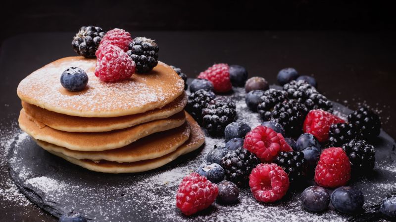 pancake, blueberry, berries, blackberry, raspberry, delicious, 4k (horizontal)