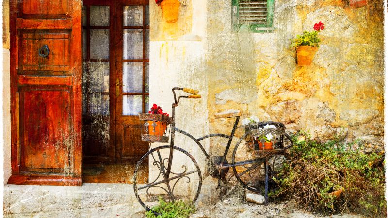 Bicycle, vintage, old house, 8K (horizontal)