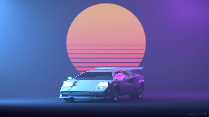 Retrowave, Purple, Lamborghini Countach, 4K (horizontal)