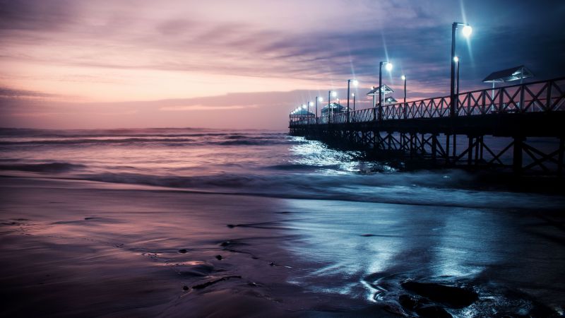 Ocean, pier, sky, night, 4K (horizontal)