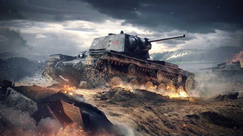 World of Tanks Blitz, game, tactic, mmo, tank, KV-1, battlefield, sparks, clouds, sky, battle, fire, screenshot, 4k, 5k, PC, 2015 (horizontal)