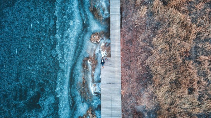 boardwalk, water, blue, brown, grass, 4K (horizontal)