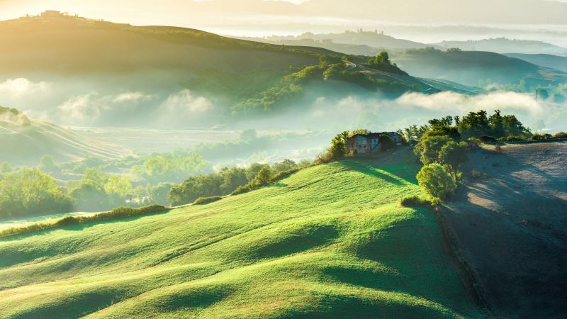 mountains, fog, sky, field, 4K (horizontal)