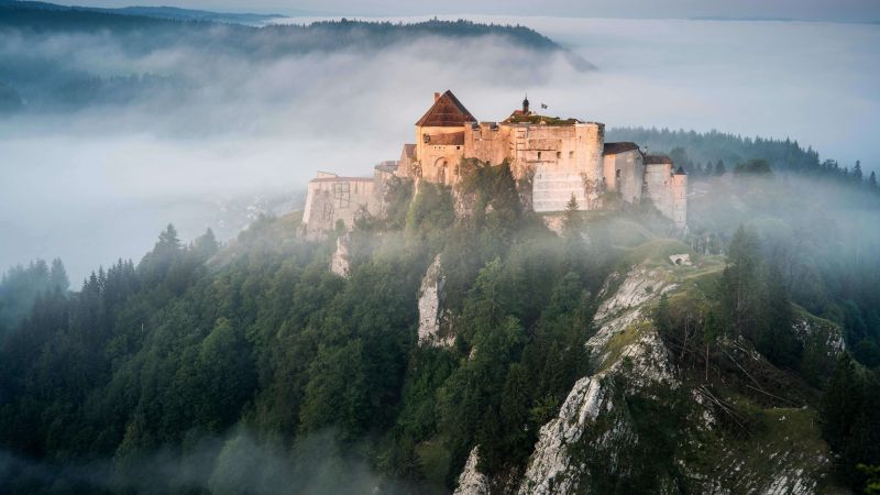 Château de Joux, France, mountains, fog, castle, 8K (horizontal)