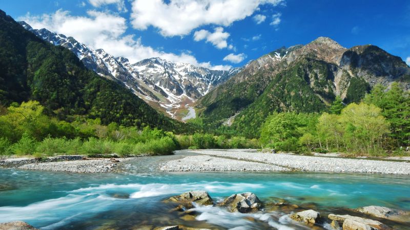 Kamikochi, mountains, Japan, river, blue, sky, 4K (horizontal)