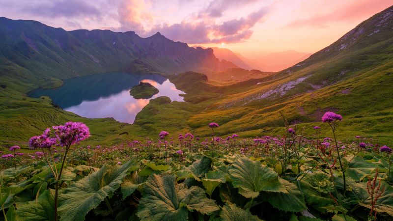 mountains, lake, sky, field, sunset, 4K (horizontal)