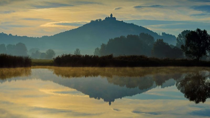 Wachsenburg Castle, Erfurt, Germany, water, reflection, sky, 5K (horizontal)