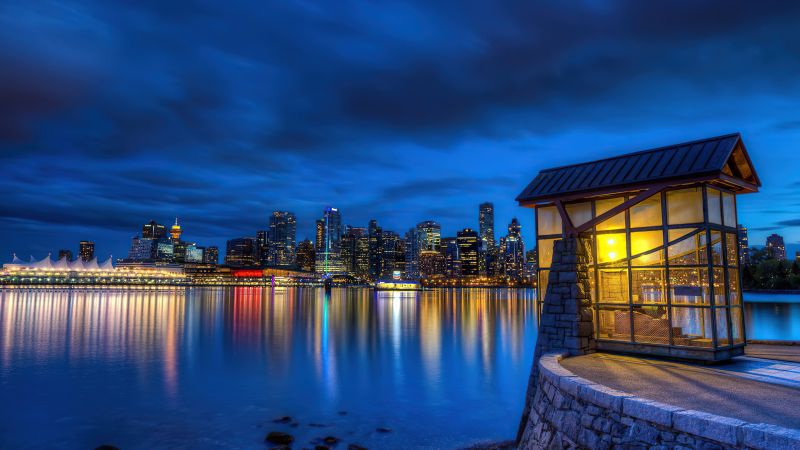 Stanley Park, Vancouver, Canada, water, night, lights, 4K (horizontal)