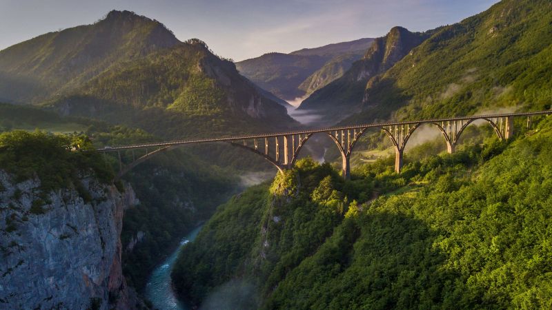 bridge, mountains, green, river, 4K (horizontal)