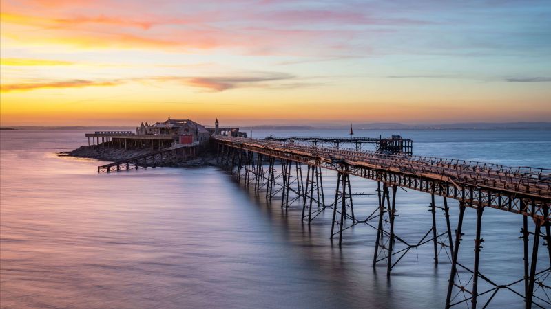 Birnbeck Pier, Bristol Channel, England, water, sky, sunset, 8K (horizontal)