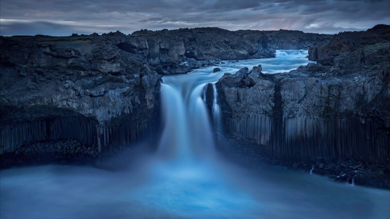 waterfall, dark, rocks, 5K (horizontal)