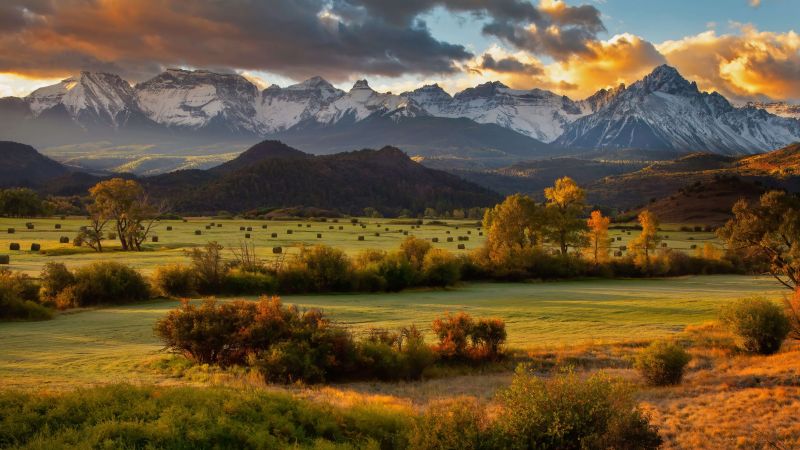 autumn, mountains, trees, sunset, sky, 5K (horizontal)