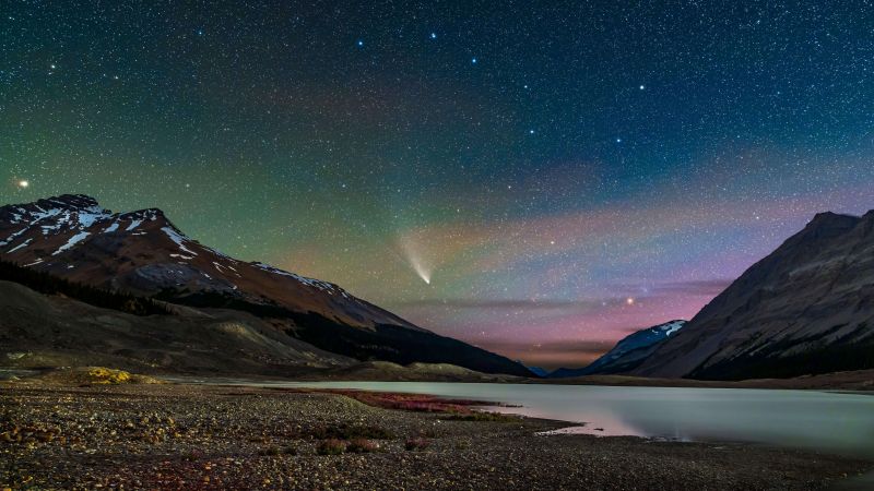 night, sky, stars, reflection, lake, 5K (horizontal)