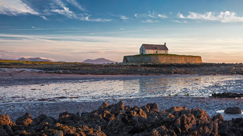 church, water, rocks, mountains, sky, 4K (horizontal)