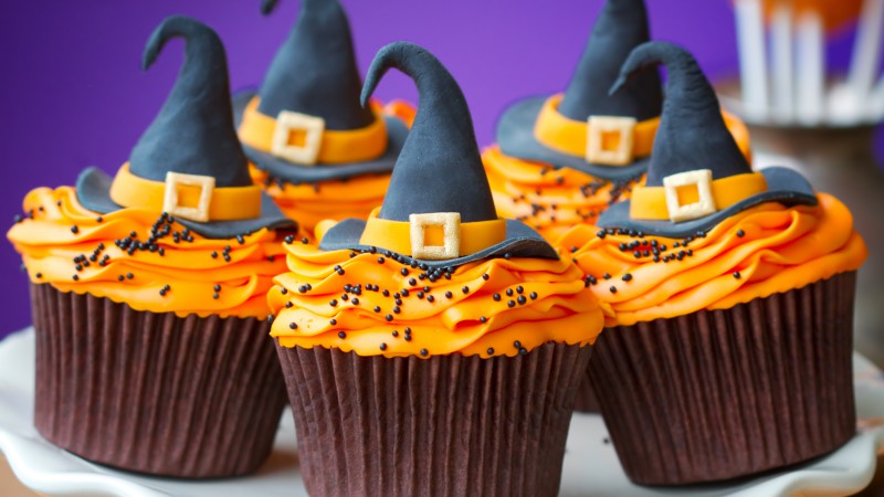 Cupcakes, Helloween, Witch Hats, desserts, pastries, cream, powdered, sugar, orange (horizontal)