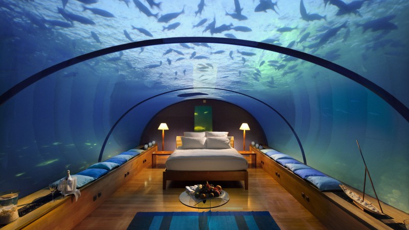 Conrad Maldives Rangali Island Hotel, Best Hotels of 2015, tourism, travel, resort, vacation, Underwater Hotel Room, aquarium, bed, fish, booking (horizontal)