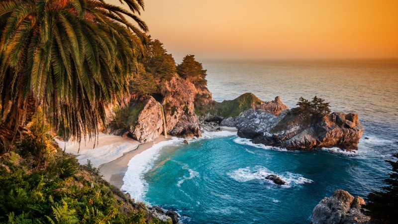 Pacific Ocean, 5k, 4k wallpaper, big sur, california, beach, mcway falls, sunset (horizontal)