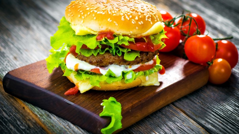 hamburger, tomato, salad, bun, burger, cheese. (horizontal)