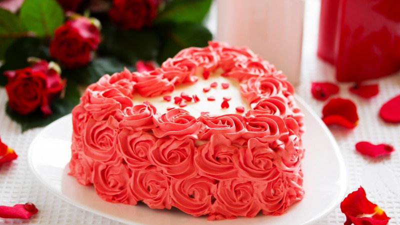 Cake, heart, roses, red, cream (horizontal)