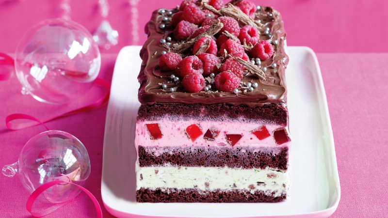 Cake, chocolate, ice cream, berries, raspberry, pink (horizontal)