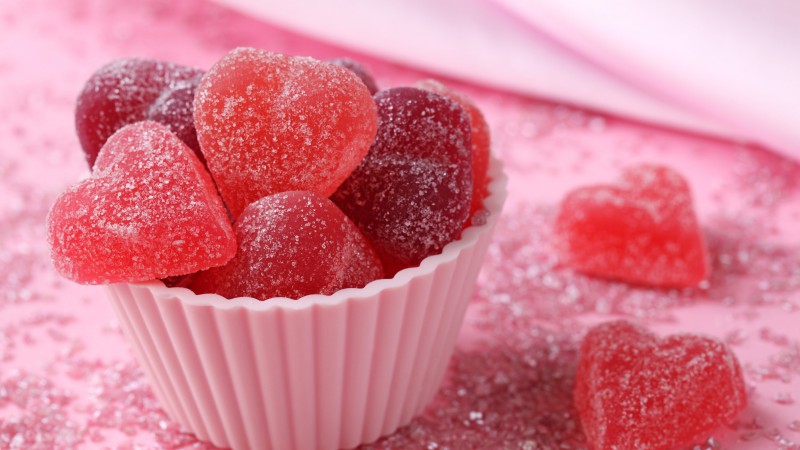 Gummies hearts, sugar, pink (horizontal)