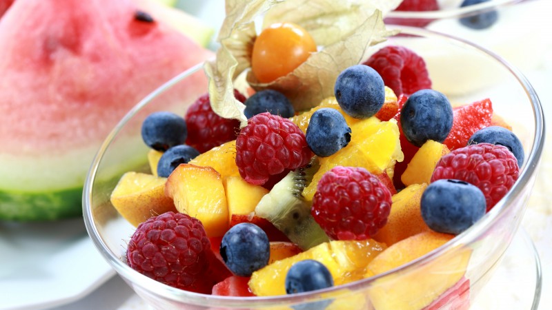 Fruits, berries, raspberry, blueberry, peach, watermelon, kiwi (horizontal)