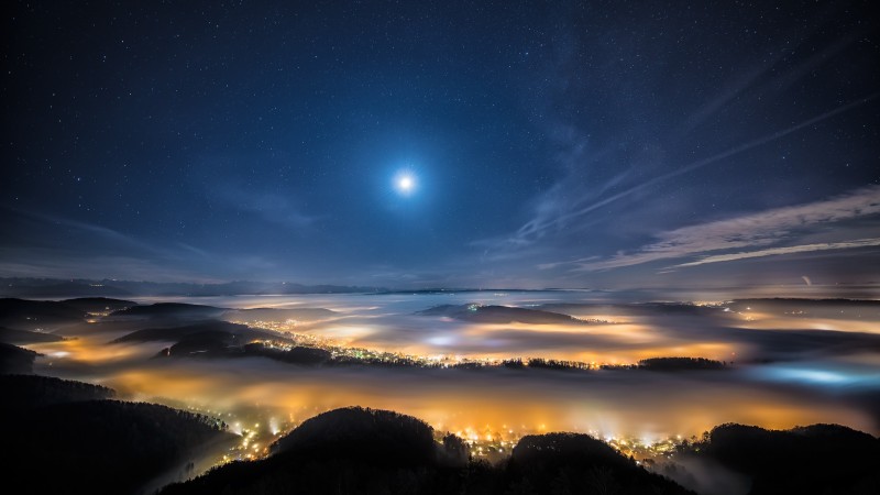 night sky, night city, earth, sky, stars, clouds, light, height, moon (horizontal)