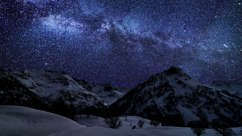 night sky, earth, sky, snow, stars, night, sea, mountain, cloud, light (horizontal)