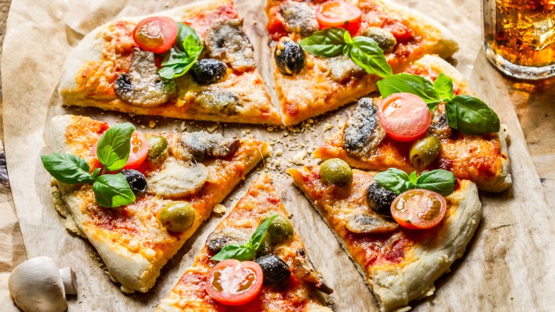 pizza, food, slices, olives, mushrooms, cherry tomatoes, basil (horizontal)