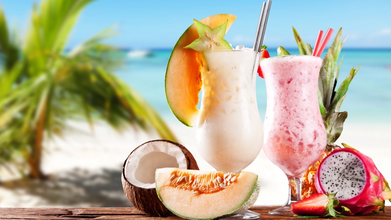 milk shake, drinks, cocktail, summer, sun, fruit, pineapple, Pitahaya, carambola, pineapple, coconut, melon, strawberries (horizontal)