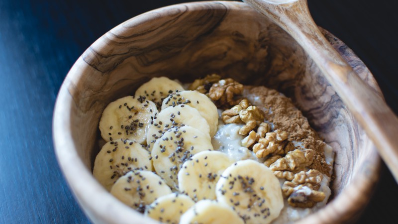 Bananas, nuts, porridge, breakfast (horizontal)